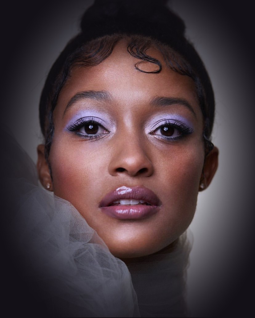 Jazz Strong, beauty portrait with lavender eye makeup