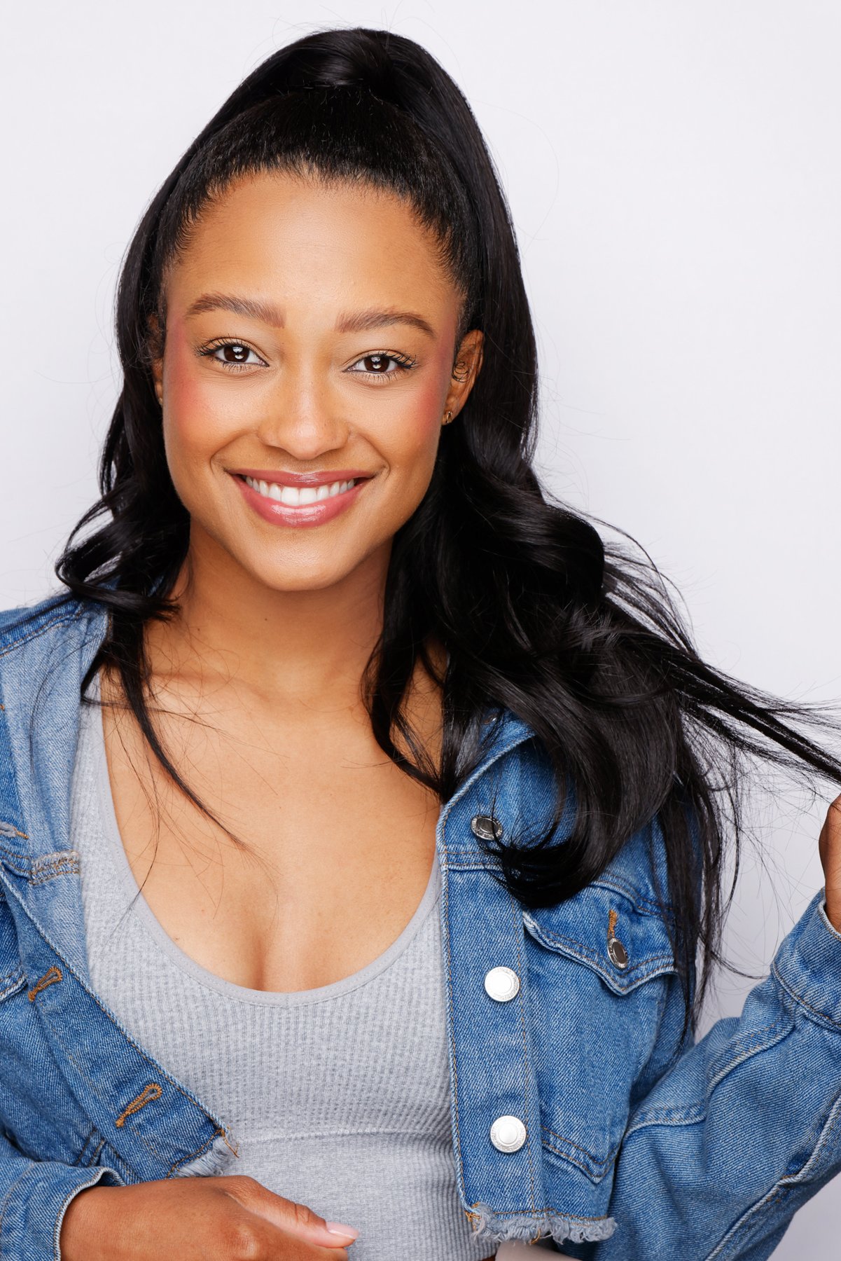 Denim jacket, smiling